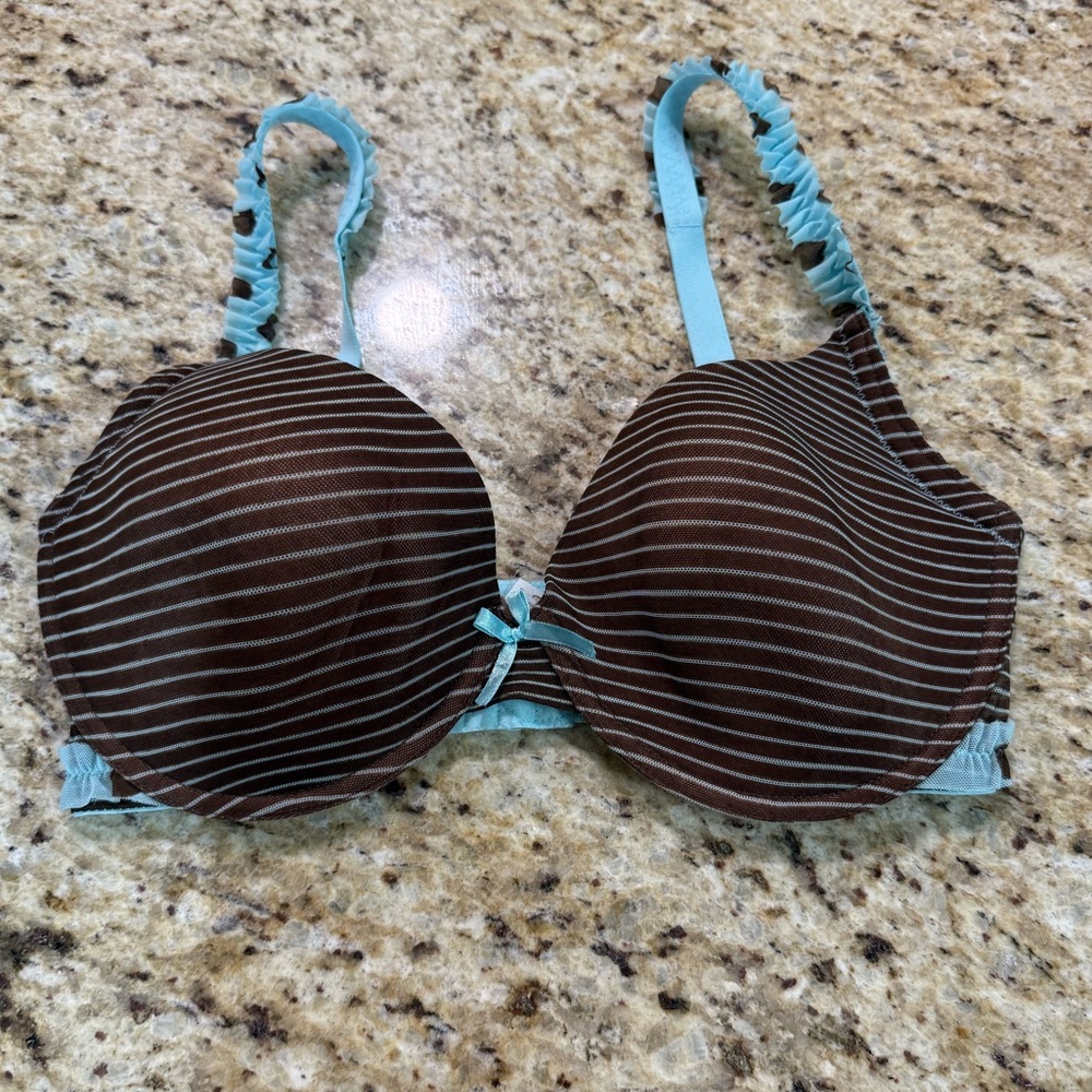 QT Fun Retro Style Brown & Blue Stripe & Polka Dot Ruffle Underwire Bra 38D